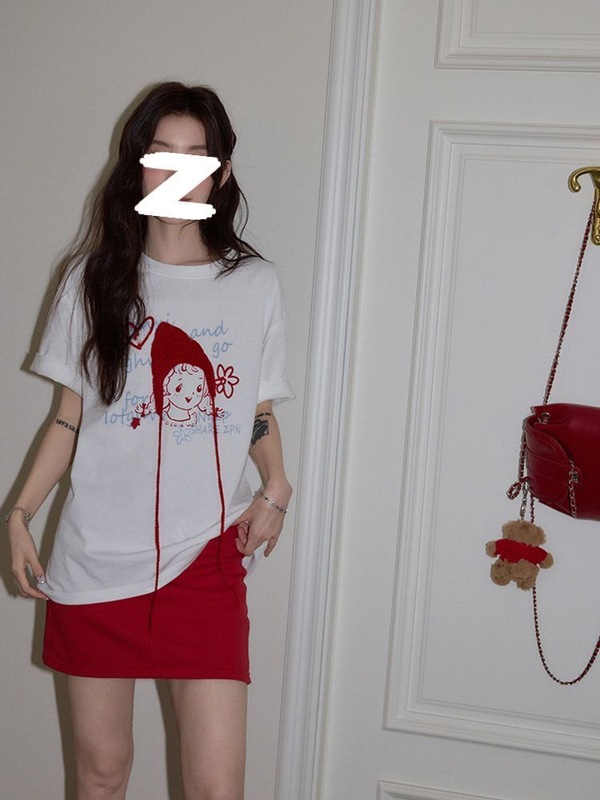 【220g纯棉】螺纹领口 +后包边 立体针织帽子+印花短袖T恤女实价|undefined