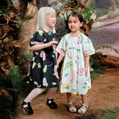 Amila2024夏季新款中童裝女童寶寶滿印短袖A字短袖公主連衣裙