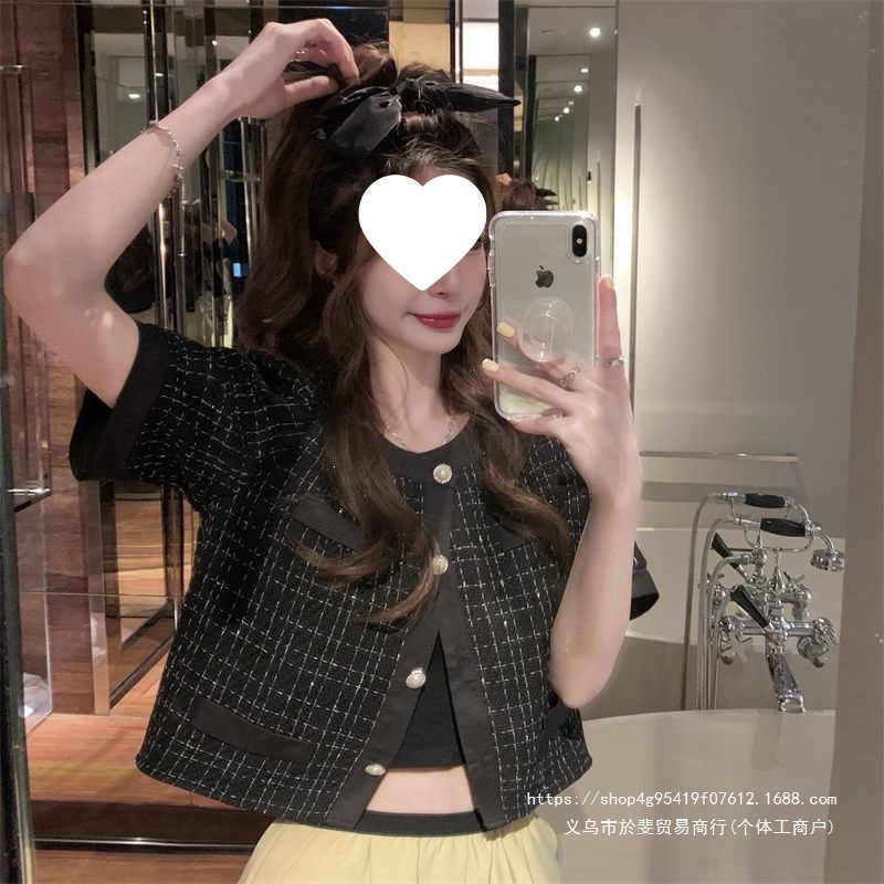 2026 Summer New Style Unique Plaid Top for Women, Trendy Chanel-Style Elegant Black Short Jacket
