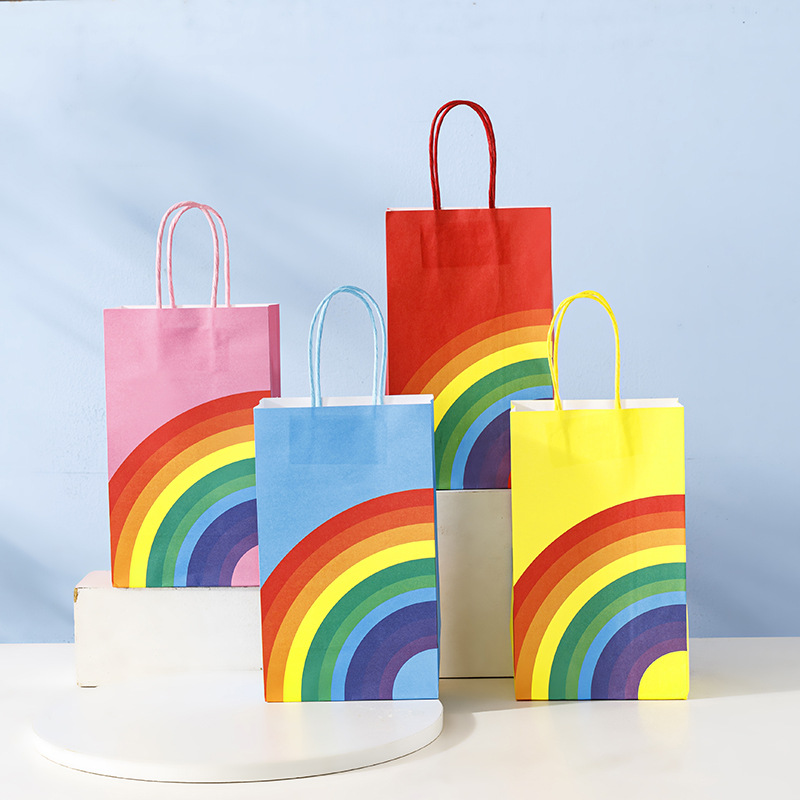 En stock bolsa de arco iris portátil papel Kraft blanco fondo cuadrado bolsa de papel regalo de mano bolsa de regalo de vacaciones logotipo imprimible