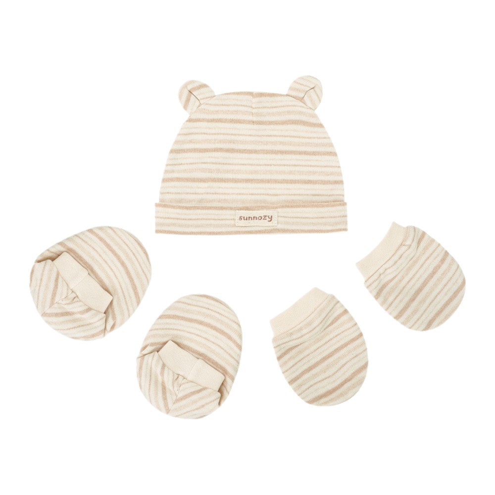 Conjunto de tres piezas de gorros y calcetines de algodón puro para recién nacidos Sunnozy, productos para recién nacidos, guantes, calcetines y gorros para bebés de cuatro estaciones.