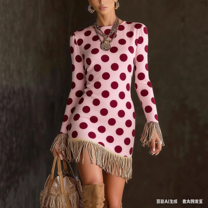 Temu Elegant Women's Sweater Knit Dress Creative Retro Print Comfortable Soft Round Neck Slim Fit Tassel Dress