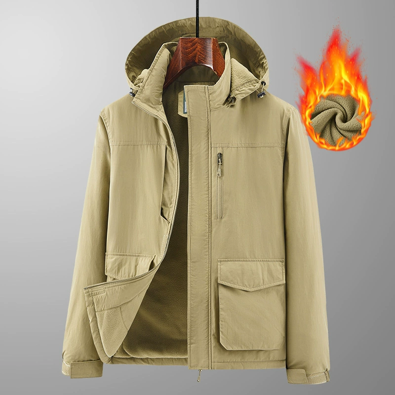 Мужская куртка, осенне-зимняя утепленная уличная куртка с капюшоном и несколькими карманами на флисовой подкладке, мужская повседневная куртка 2269A