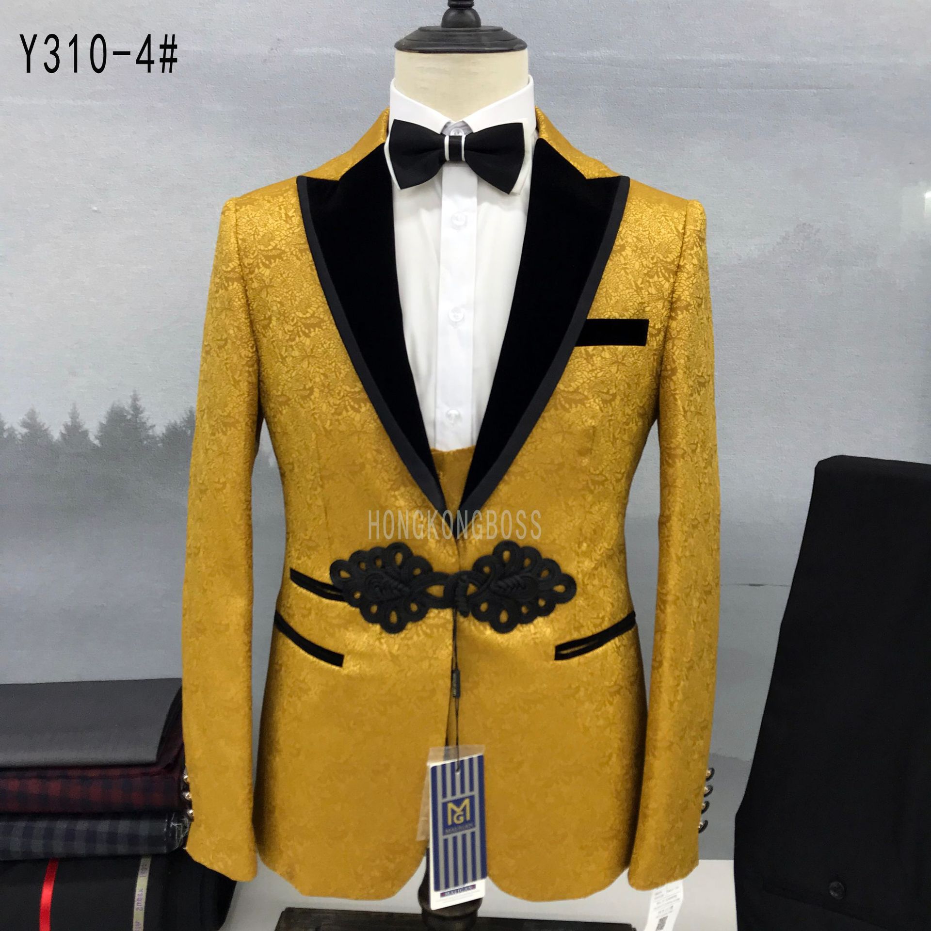 Men's Slim Fit Korean Style Wedding Suit Groom's Business Casual Formal British Style with Chinese Knot Design_viptrois.com