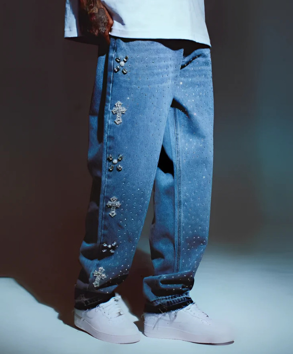 2025 Europa y América comercio exterior transfronterizo diseño de alta calle estilo casual relajado rectas pantalones jeans de diamante para hombre