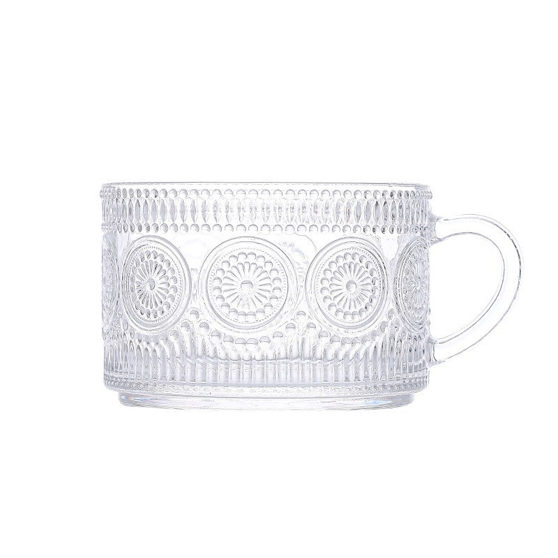 Taza de desayuno Retro en relieve Taza de café de 14oz Girasol con cuchara con tapa Taza de vidrio transparente Taza de leche