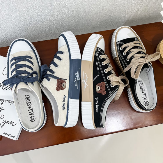Bear canvas shoes for women 2023 Summer new low-top casual board shoes flat Korean style fashionable all-match half slippers
