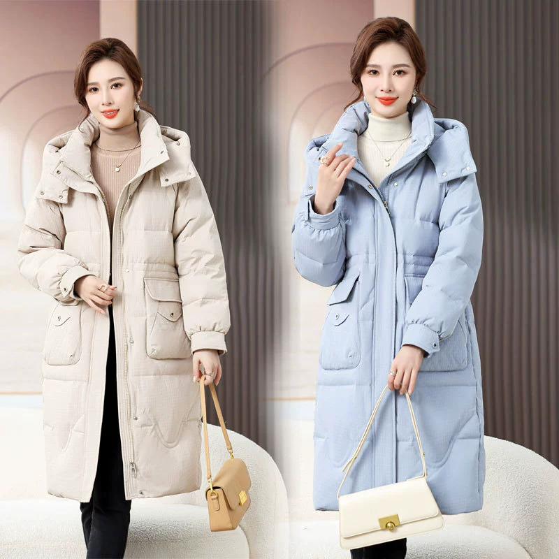 Зимний пуховик для матери среднего возраста, длинный 2023, новое теплое пальто до колен в западном стиле больших размеров для женщин среднего и пожилого возраста