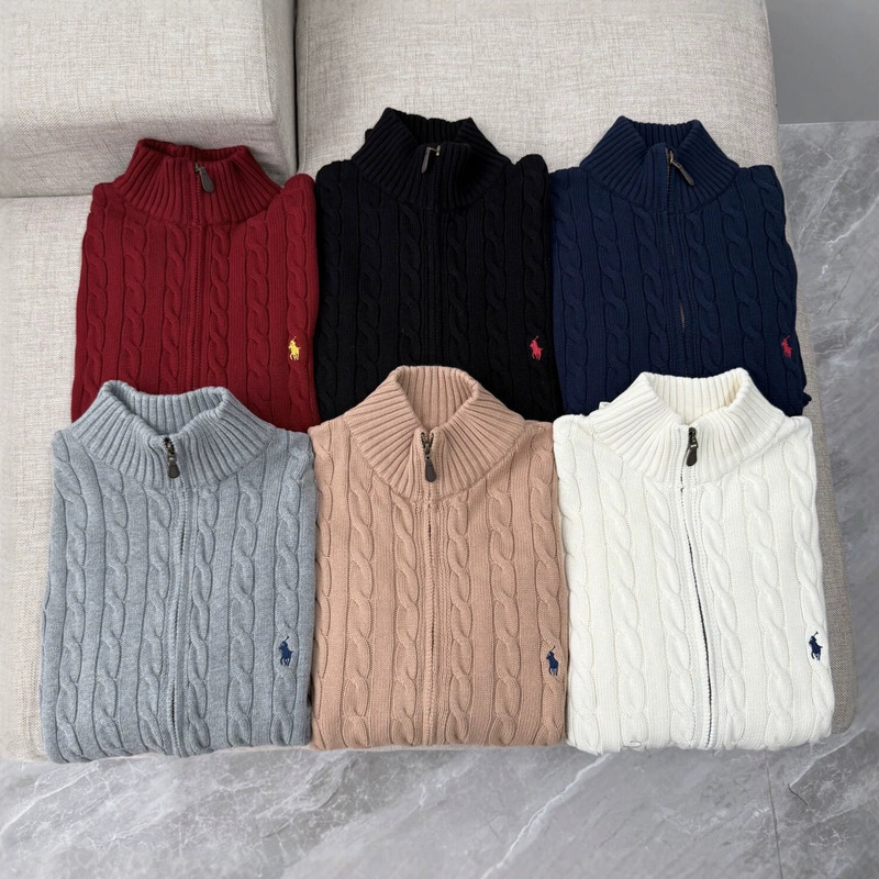 [Original label, scan to verify authenticity] Ralph Lauren knitted full-zip cable-knit cardigan with a stand-up collar, unisex