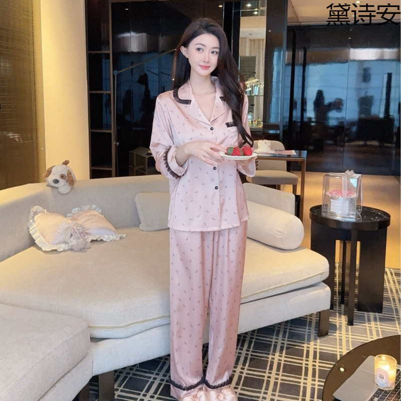 Daisian Pajamas for Women Spring New Style Ice Silk Long-Sleeved Long Pants Pink Bow Print Home Wear Two-Piece Set