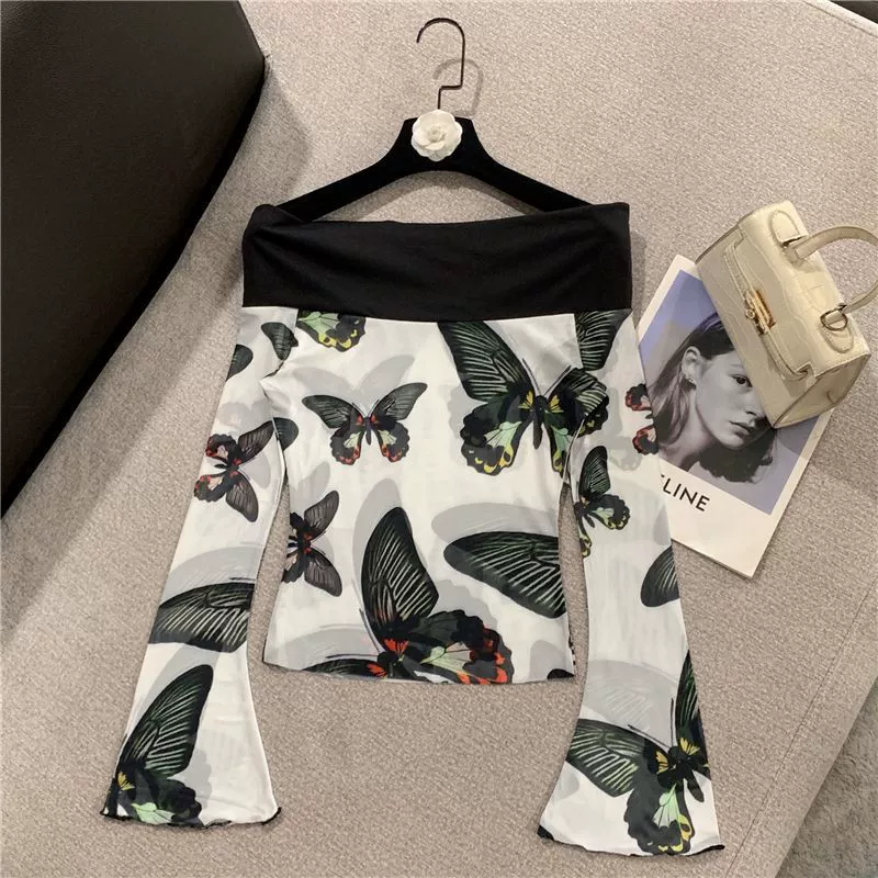 2023 Летний Новый легкий зрелый элегантный светский Топ во французском стиле с открытыми плечами и расклешенными рукавами с принтом в виде бабочки