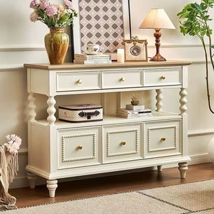 French Retro White Entrance Cabinet All Solid Wood Storage High-End Entrance Living Room Aisle Cabinet