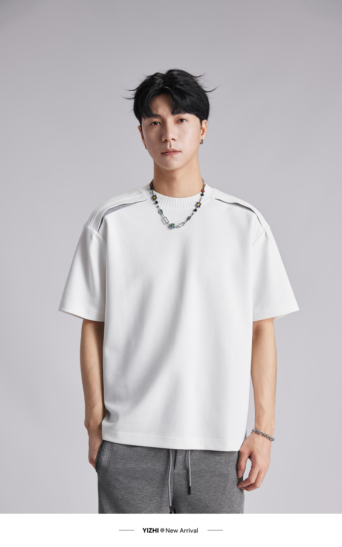 Áo thun nam cổ tròn chất liệu cotton dày 260g, thiết kế vai nối, phong cách lịch lãm — đen chi tiết 8