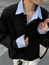 美式衬衫领卫衣假两件撞色翻领拼接长袖宽松套头上衣外套秋季男装