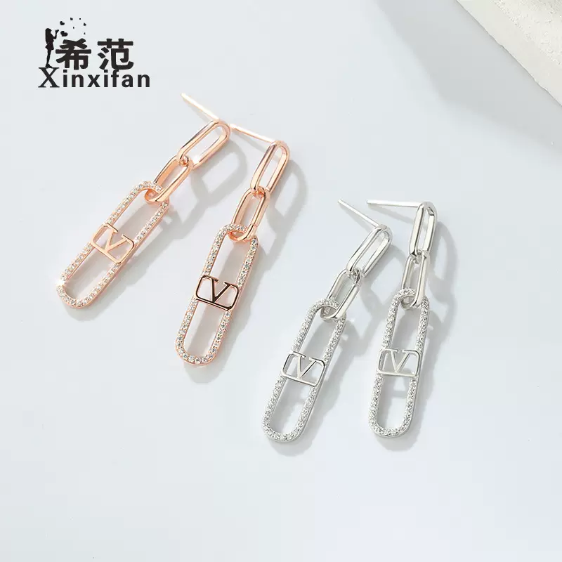 s925纯银长款圆环相扣耳坠女时尚几何镶钻V字母耳环网红气质耳钉