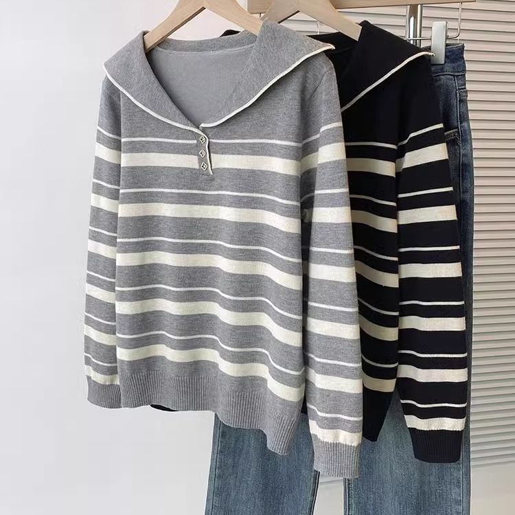 2025 Spring New Tencel Lyocell Navy Blue Striped Long Sleeve Knitted Bottoming Shirt Feminine Easiest for Match Top