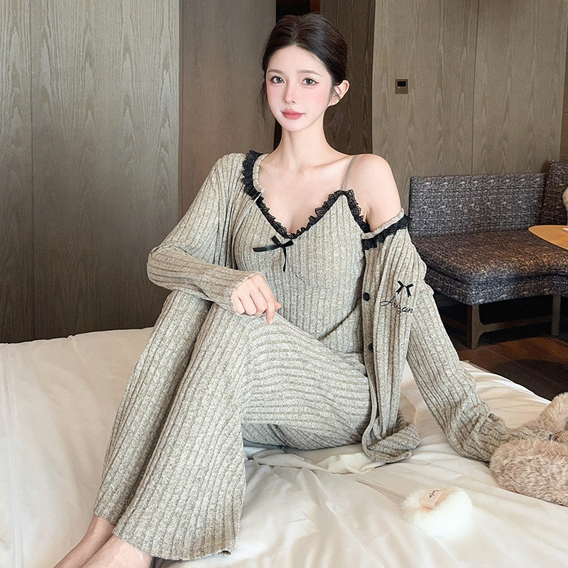 Autumn and Winter Pajamas Women's Cashmere Thickened with Chest Pad Sweet Sexy Bow Sling Long-sleeved Home Clothes Three-piece Set