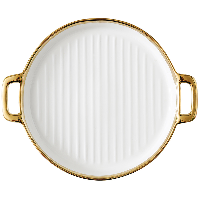 Nórdico creativo de cerámica binaural rayado disco hogar borde dorado filete occidental placa plana ins celebridad internet vajilla plato