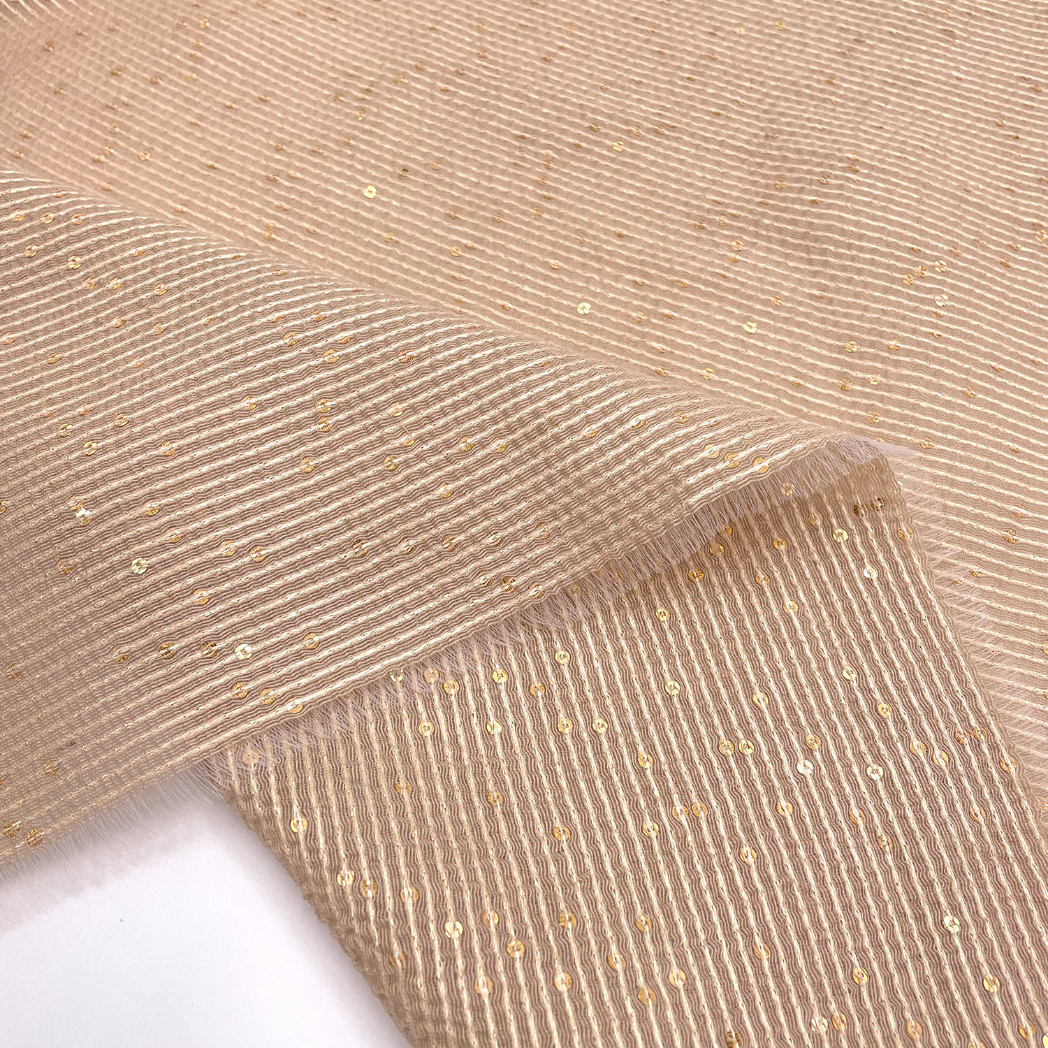 进口卡其色横条纹肌理亮片刺绣时装布料 连衣裙设计师时装面料