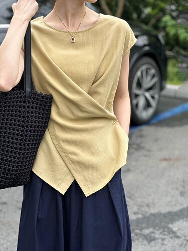 Women's Unlined Linen-Cotton Blouse with Dark Blue Color, Small Sleeveless Fly Collar, Asymmetrical Cross-Button Backless Top, Vintage Money-Clip Style