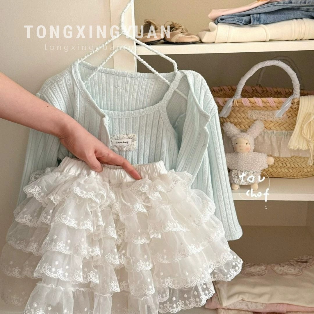 Niñas de verano blanco delgado vestido de pastel de algodón primavera y verano nuevo niño encaje de malla falda de hadas falda corta