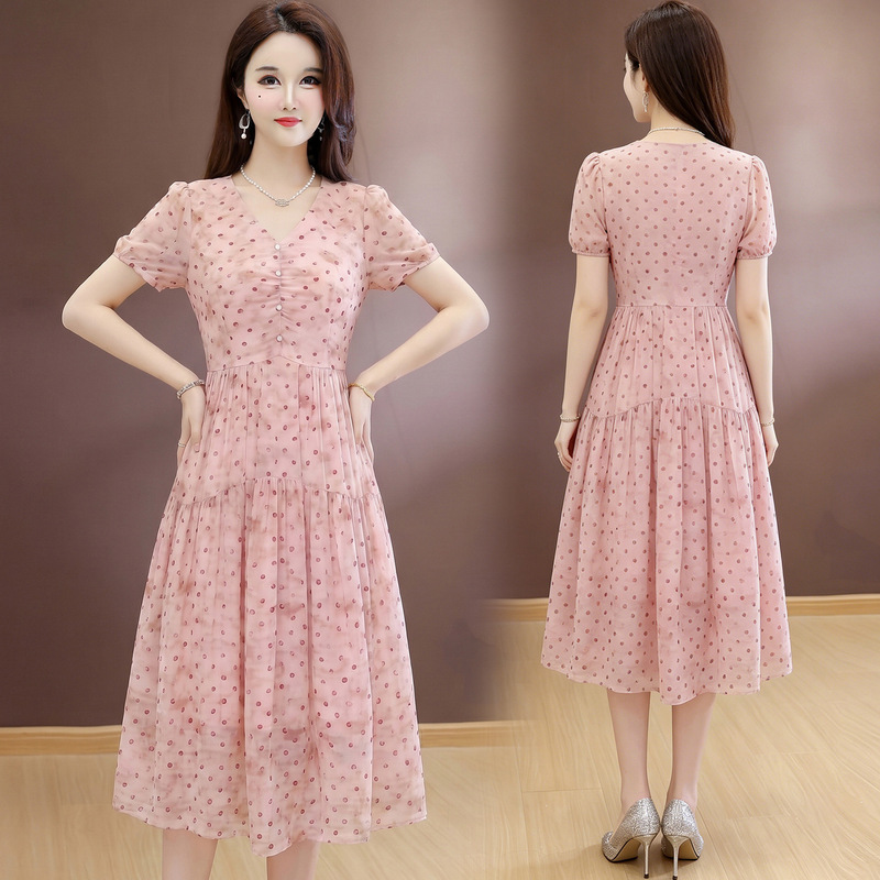 Dropshipping Service for Middle-Aged Mom's Short-Sleeve Dress, 2026 Summer New Style, Elegant Floral Mid-Length Dress for Women