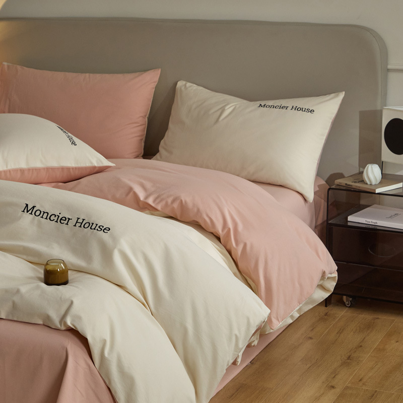 Una clase de otoño y invierno algodón abrasión cuatro piezas cubierta bordada sábanas de color sólido cama cama de algodón grueso dormitorio tres piezas