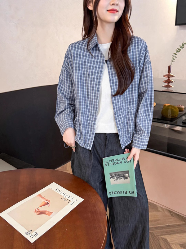 韩版宽松设计感小众秋季新款蓝色格纹长袖上衣女衬衫气质休闲外套|undefined