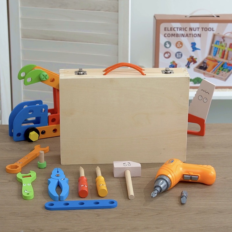 Transfronterizos niños madera multifuncional reparación de tornillo de tornillo caja de herramientas de desmontaje y tuerca juguete de puzzle familiar