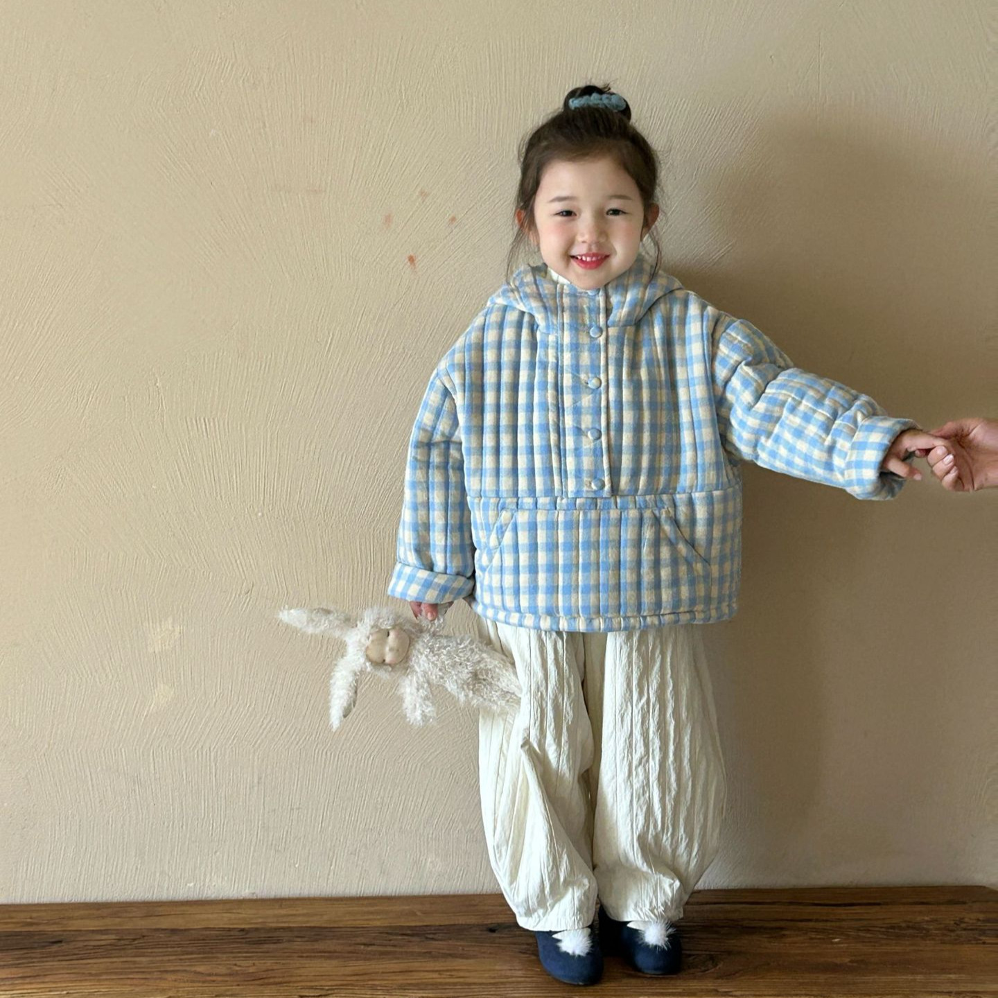 2024 invierno nueva ropa infantil coreana ropa de niñas romántica azul cuadrado ropa de algodón super suave