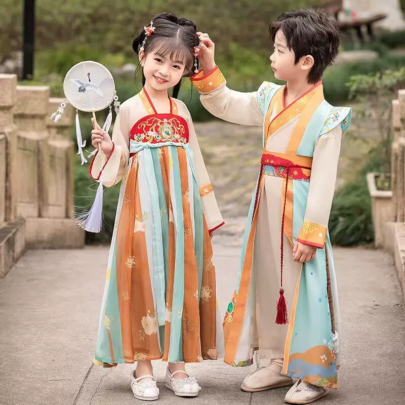 汉服女童秋款儿童2023新款古装超仙唐装襦裙秋季连衣裙男童中秋节