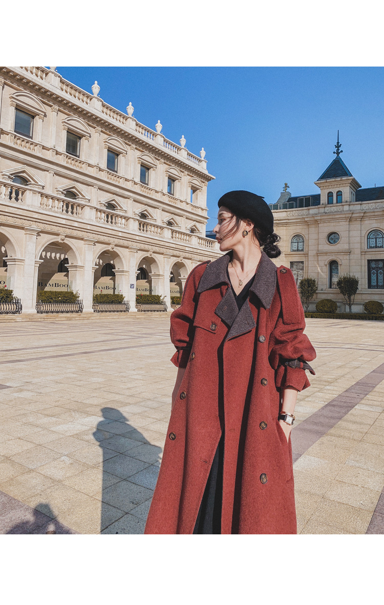 Women's Long Woolen Coat Brick Red Hepburn Style Winter Overcoat_voghion.com
