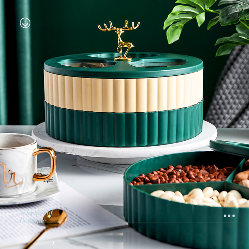 北欧时尚小鹿旋转糖果干果盒分格带盖瓜子盘坚果零食收纳小鹿果盘