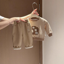 宝宝加绒条纹卫衣百搭裤子两件套休闲长裤儿童套装秋冬装衣服男女