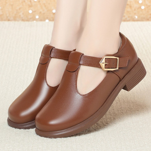 Spring and Autum New Women's Shoes Large Size Medium Heel Thick Heel T-Shaped Buckle Velcro Round Toe Middle-Aged Mother's Women's Shoes