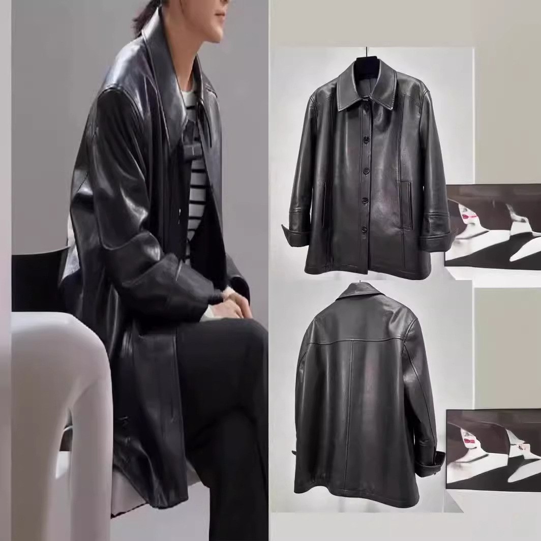 Jia Ling same style 2024 spring new PU leather vegetable tanned leather loose wide leather casual coat for women
