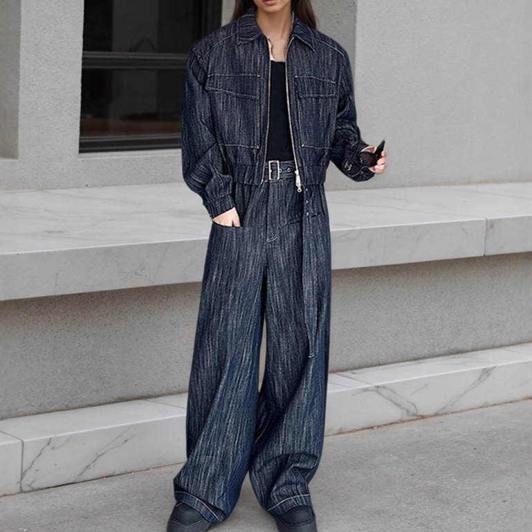 Korean Style Heavy-Duty Washed Denim Suit for Women, Autumn and Winter New Retro Short Jacket Top with High-Waisted Straight Pants