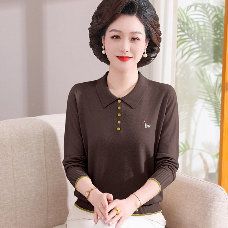 中年のお母さんの洋風の小さいシャツの春の服の2025新型の底の上着の中で老年の婦人服のニットの長袖のtシャツ|undefined
