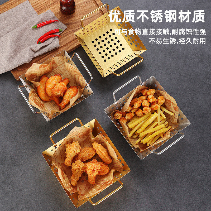 ステンレスの四角形の網のかごは穴の角のかごの大きいサイズのフライヤーのかごを持ち上げて太い水たまりのかごの果物のかごの油条を加えて野菜のかごを濾過します。|undefined