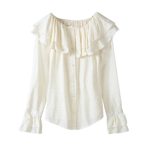 Woman's Summer French-style Collar Shirts with Lotus Leaf Edge, Korean Style Design, Unique and Niche One-Shoulder Waist-Tucking Long-Sleeve Top