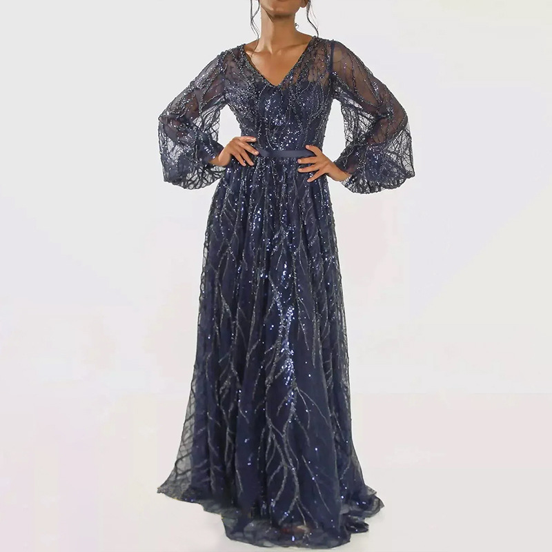 2025 vestido de lentejuelas europeo y americano transfronterizo simple con lentejuelas con cuello en V vestido de fiesta largo con cordones