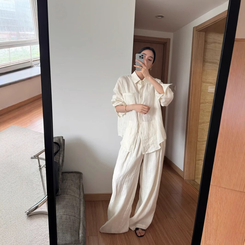 100% Linen Shirt Jacket for Women 2026 Spring/Summer New Style Loose Casual Sun-Protection Shirt and Wide-Leg Pants Two-Piece Set