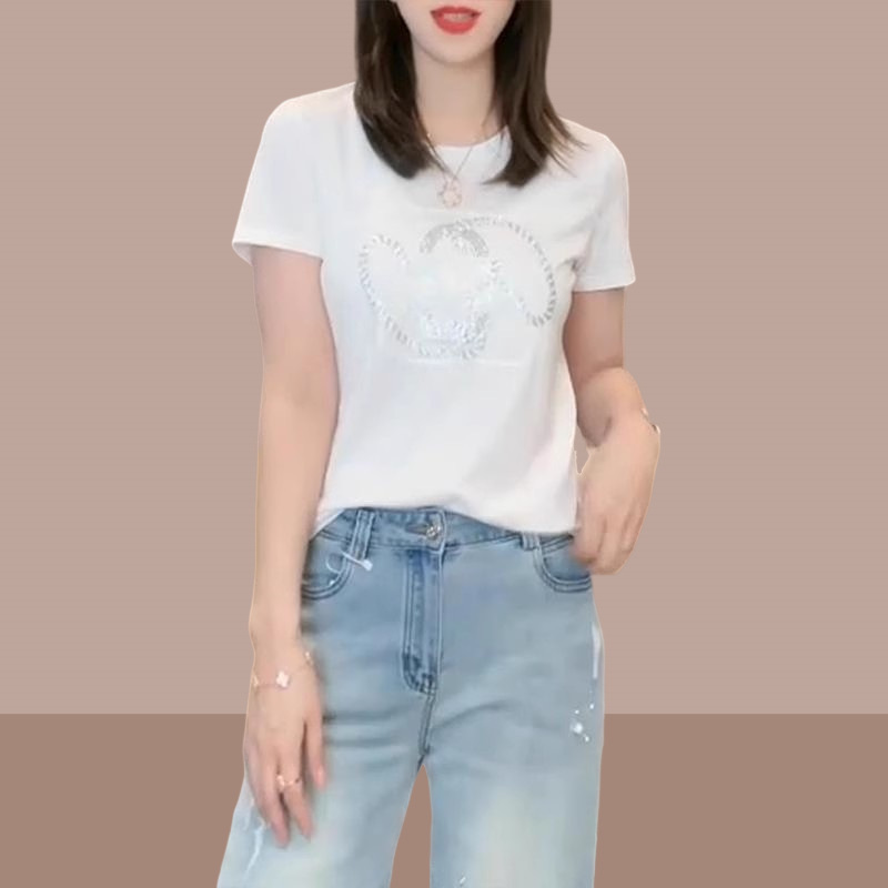 刺繍ホットダイヤモンド豚鼻半袖 Tシャツレディース 2025 夏新作右肩ラウンドネック万能 Tシャツトップ|undefined