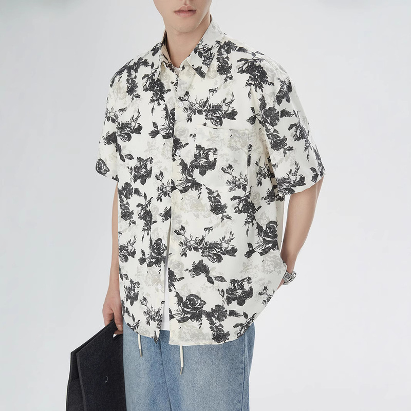 Chinese Style Black and White Retro Rose Pattern Loose Short-Sleeved Floral Shirt Men's High-End Handsome Loose Casual Shirt Trendy