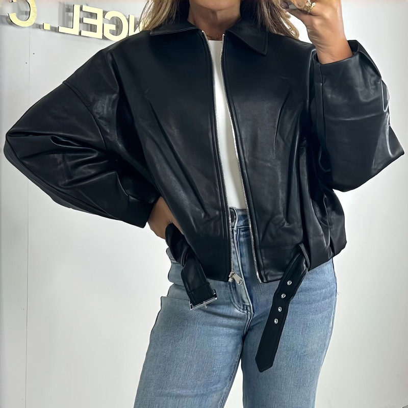 Cross-Border Spring American-Style Pilot Jacket Retro Leather Coat Casual Faux Leather Top European and American Foreign Trade Women's Clothing