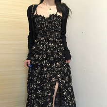 茶歇法式黑色吊带碎花连衣裙子女夏季2024年新款法式气质长裙套装
