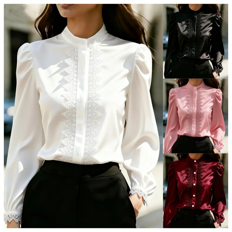 2026 Amazon Wish Independent Site New Style Satin Lace Splicing Stand Collar Shirt Top for Women 2026 Amazon Wish Independent Site New Style Satin Lace Splicing Stand Collar Shirt Top for Women