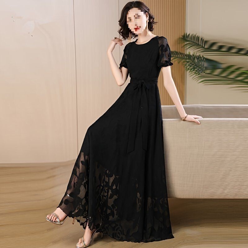 Summer Black Chiffon Dress for Women, Long to the Ankle, 2026 New Style, Extra-Long Formal Occasion Floral Flared Dress