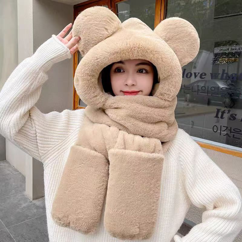 Otoño y invierno nuevo oso sombrero bufandas en una mujer invierno lindo guantes de cuello para niñas ciclismo conjunto de tres piezas