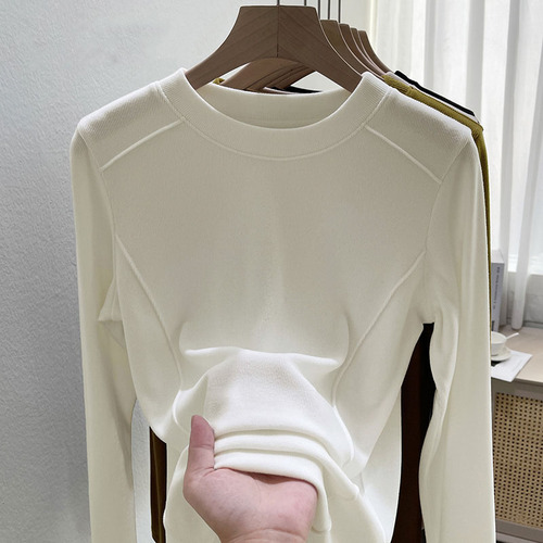 New Autumn/Winter Round-Neck Innerwear Fleece-Lined White Base Shirt for Women — Fashionable, Stylish, Slimming, Long-Sleeved T-Shirt Top